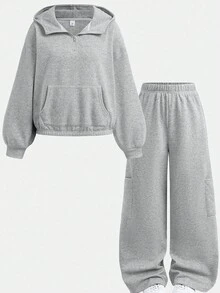 SHEIN Girlism 少女两件套纯色长袖拉链连帽衫和长裤，休闲宽松版型，灰色花卉图案套头连帽衫和宽松运动裤休闲运动套装，秋冬季运动服