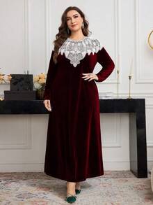 Al Najma Elegant Velvet Beaded Floral Long Sleeve Loose Regular Plus Size Women Arabic Dress, Spring/Autumn - Burgundy - View 5