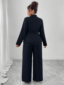 Elenzga Plus Size Soft & Stiff Fabric Turndown Collar Cinched Waist Structured Long Sleeve A-Line Jacket + Loose Straight Leg Pants 2 Piece Set, Elegant For Outings, Commute, Gatherings, Casual - Navy Blue - View 2