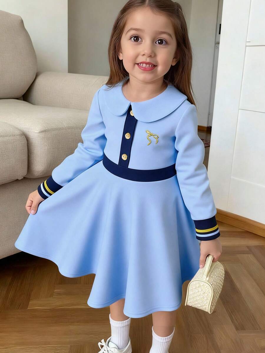 Souflis Souflis 1 pieza Vestido casual de niña con cuello, bordado y bloques de color elástico, estilo escolar - Celeste - Ver 1