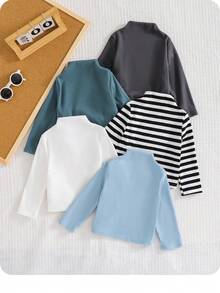 SHEIN Bộ 5 chiếc áo thun tay dài cổ cao dệt kim co giãn họa tiết sọc đen trắng dễ thương cho bé trai/bé gái, thích hợp cho các buổi đi chơi mùa thu/đông - Nhiều màu - Xem 2
