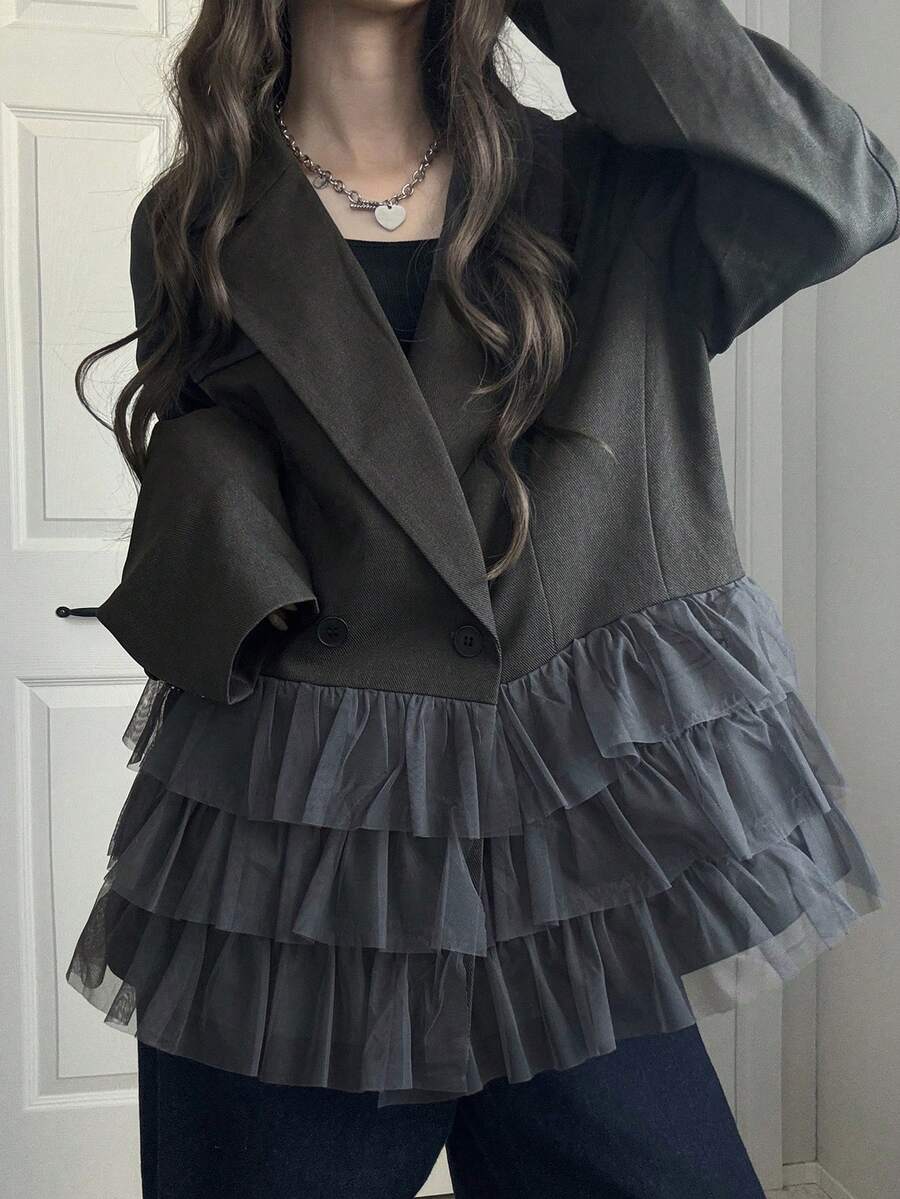 FRIFUL Women's Fashion Mesh Patchwork Ruffle Trim Blazer Jacket - Black - View 1