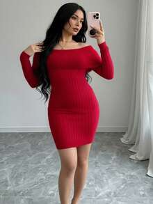 Rafferiza Sexy Off-Shoulder Bodycon Dress Long Sleeve Sweater Dress Knitted Dress Red Sweater Dress Red Ribbed Dress - Red - View 5