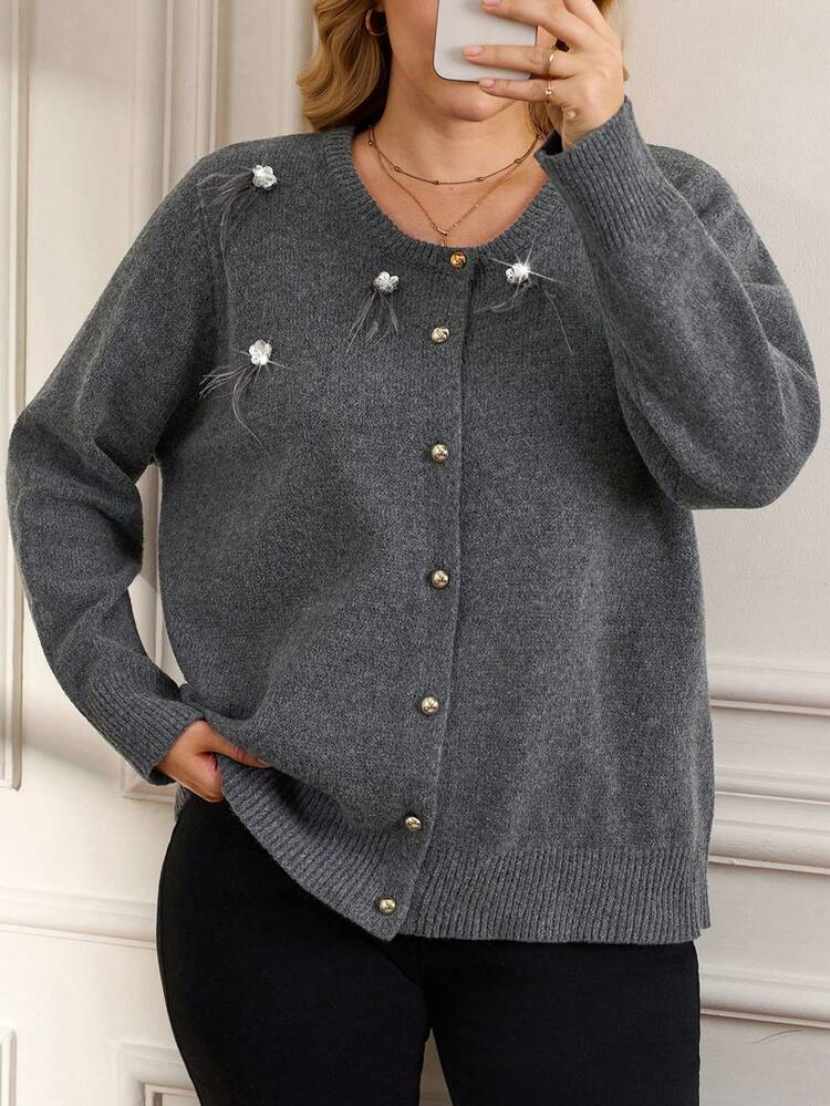 Plus Size Fashionable & Elegant Sequin Decorated Christmas Cardigan,Winter Clothes For Women ,New Year Clothes,