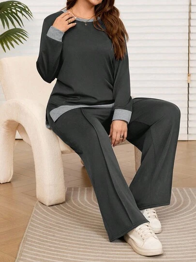 EMERY ROSE 2pcs Plus Size Women Fall Casual Dark Grey Contrast Color Hoodie And Sweatpants Set With Pockets, Autumn/Winter, 2 Pieces Lounge Sets Woman, Women Plus Clothing Sets,Going Out Outfits,2025 New Clothes,Simple And Fashionable For Everyday Wear,Plus Size Winter Clothes, Modest Two Pieces Set, Comfortable Two Pieces Set, Modest Sets For Women, Wide Leg Pants Set,Comfortable And Breathable,Christmas Outfit For Women ,New Year Clothes,Thanksgiving Outfit For Women, Women Lounge Set, Sleep Wear Women