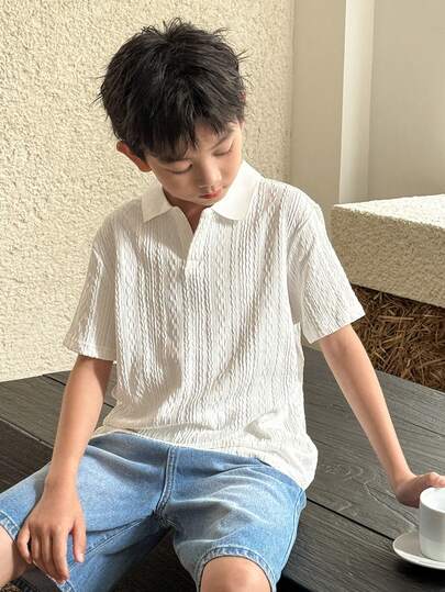 SHEIN 青少年男孩学院风针织纯色有领 Polo 衫
