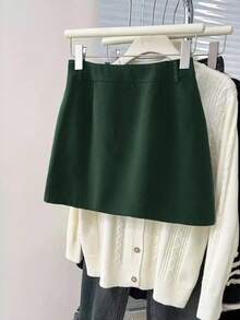 Franclia 简约通勤风春夏新款百搭时尚A字腰线修身小众设计黑色铅笔裙 - 墨綠色 - 查看 2