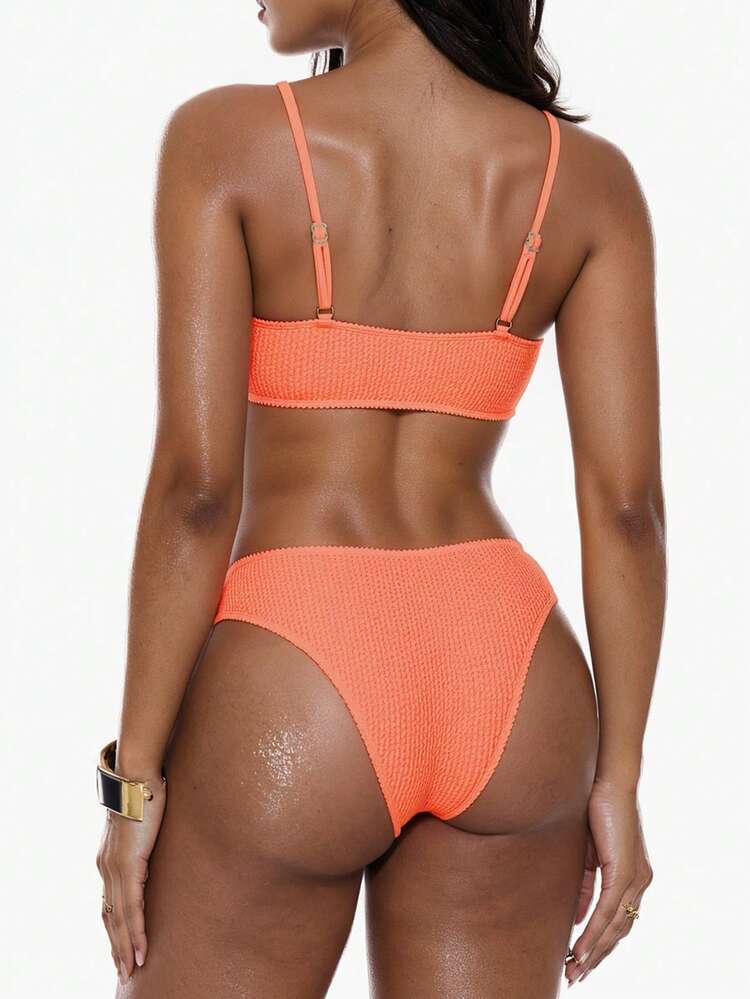 Summer Beach Plain Textured Bikini Set, Bathing Suit