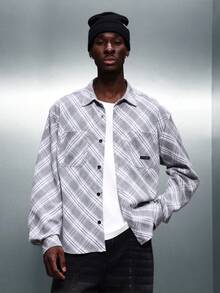 PLAYBOY X SUMWON Men's Regular Fit Long Sleeve Button Down Shirt With Plaid Pattern And Embroidered Script Back Detail - Grey - View 2