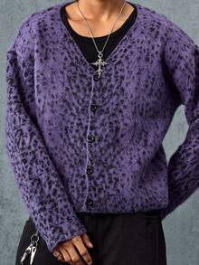 ROMWE MEN Street Life Cardigan Rajut Pria Lengan Panjang Bermotif Leopard, Kancing Tunggal, Musim Dingin - Purple - View 4