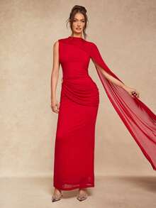 Silquee Romantisches Maxikleid in Rot, Burgund mit geraffter Taille, goldenem Blumendekor, transparent, für Herbst/Winter, geeignet für Valentinstag, Weihnachten, Dates, Ausgehen, Nachtclubpartys, elegante Partys und den Alltag - Rot - Übersicht 3