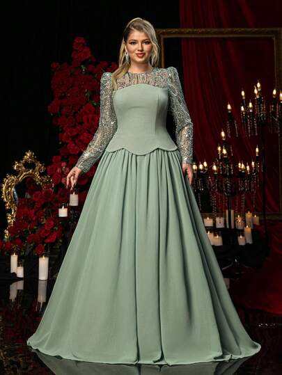 Glamrae Vestido maxi de gasa con parches de punto elástico con mangas largas, hecho a mano con cuentas en gris-azul elegante y lujoso, adecuado para bodas, fiestas, vacaciones, galas y eventos formales, talla grande