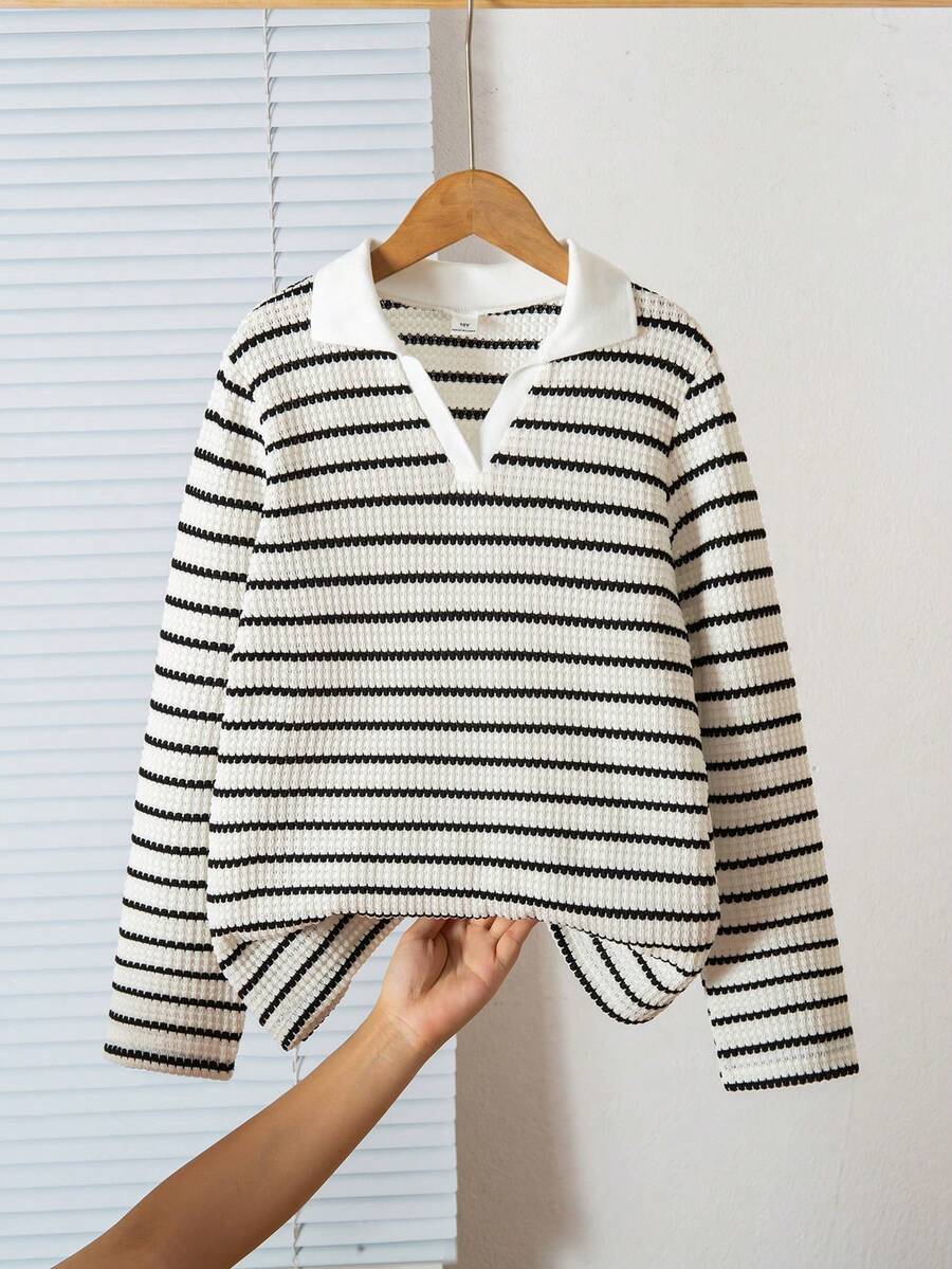 SHEIN Girls Striped V-Neck Long Sleeve Base Layer T-Shirt, Autumn/Winter - Multicolor - View 1