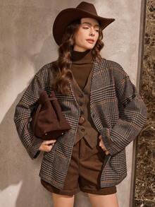 Wildy Retro 90s American Western Casual Street Fashion Plaid Open Front Jacket, New Winter Collection