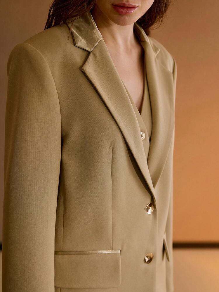 BLAZER DE BUREAU ÉLÉGANT KAKI À COL SIMPLE EN SATIN CONTRASTÉ POUR FEMMES