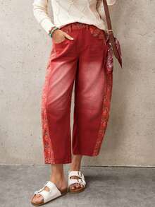 EMERY ROSE 女士休闲水洗碎花拼接喇叭牛仔裤 - 紅色 - 查看 6