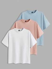 EASEVO 3 件装男士加大码纯色圆领短袖修身 T 恤，休闲夏季日常穿着 - 粉色 - 查看 12