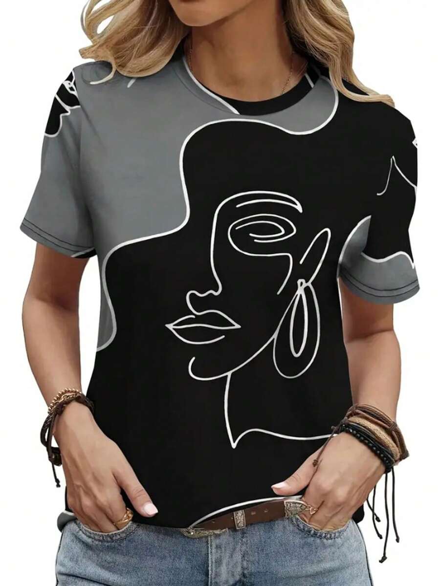 EMERY ROSE 2D印花撞色优雅度假抽象画休闲时尚人像耳钉，撞色印花圆领短袖T恤，休闲衬衫，女士春夏新款 - 彩色 - 查看 1