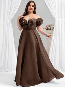 Coutiva 优雅落肩格纹水钻深V领泡泡褶短袖摆裙礼服，适合生日派对、毕业典礼、晚宴等场合。 - 棕色 - 查看 3