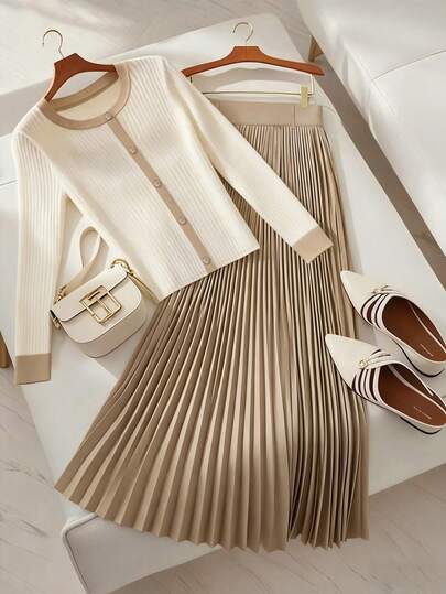 SHEIN Franclia Conjunto feminino de duas peças com pregas e mangas compridas