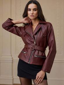 Aveloria Rosie Herbst/Winter Burgunderrot Ankara Rot Genarbtes Leder Reißverschluss Kragen Design Multi-Taschen Tailliert Gürtel Verstellbarer Gürtel Elegante Damen Jacke - Bordeaux - Übersicht 4