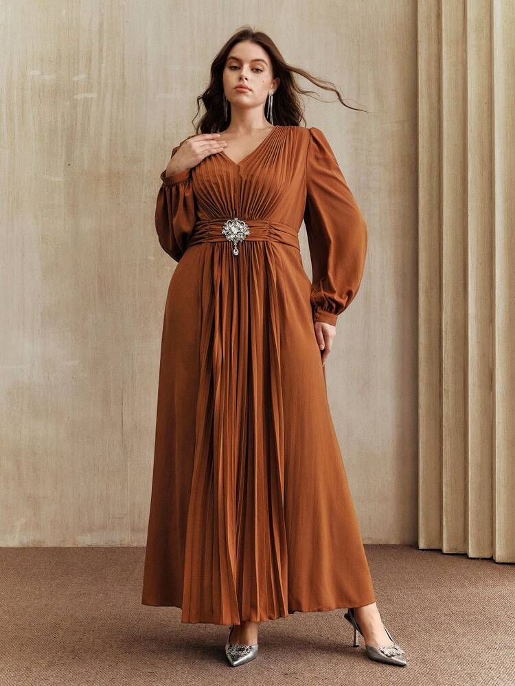 Plus Size Women's Palace Style Classic Pleated Diamond Decor Elegant Dress, Autumn/Winter Graceful Pleated Flowing Long Dress, Fashionable Elegant Everyday & Formal Occasion Wear, Suitable For Christmas, Weddings, Parties