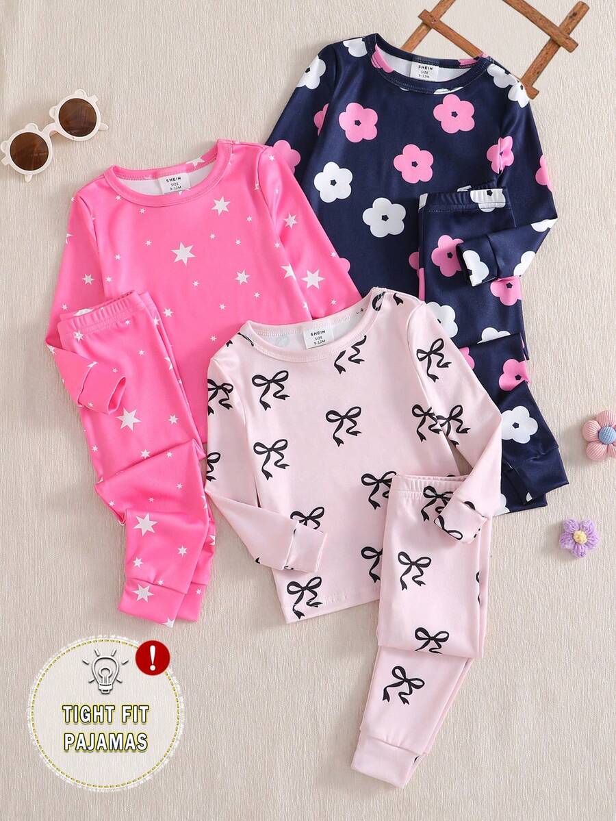 6件套婴儿女童可爱印花长袖连体衣和裤子睡衣套装 - 彩色 - 查看 1