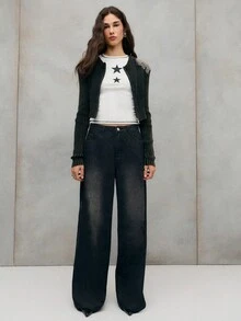 TypaGal Chic Dark-Wash Jeans Featuring A Contrasting Removable Mini Skirt. A Unique And Stylish Statement Piece That Blends Elegance With Playful Modern Flair. - Black - View 4