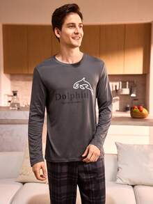 Manfinity Underwear&Sleepwear Basics 男士长袖上衣和格子裤家居服套装，冬季服装 - 深灰色 - 查看 5