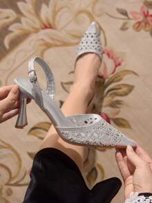 CUCCOO TILAWA Women's Pointed Toe Hollow Out Rhinestone High Heel Sandals - Silver - View 3