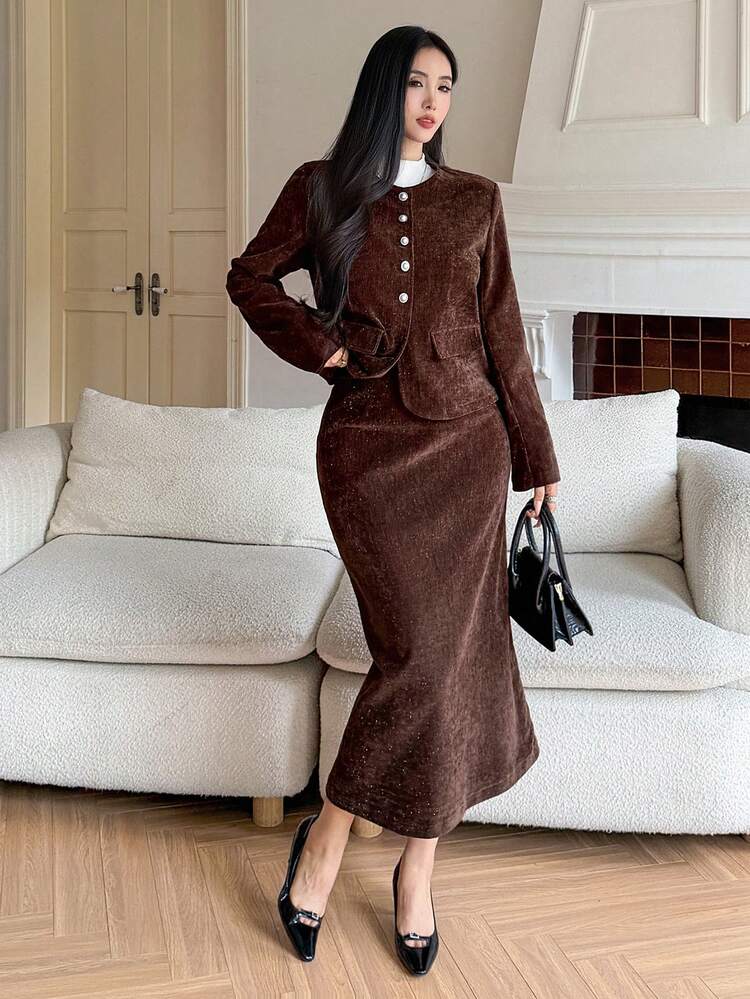Women's Elegant Solid Color Pocket Jacket & A-Line Skirt Velvet 2-Piece Set, Autumn