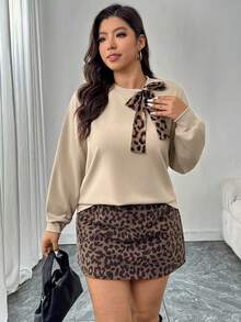 SHEIN LUNE Áo cánh họa tiết da báo thắt nơ cỡ lớn cho nữ - Màu be - Xem 2