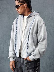 ROMWE MEN Street Life Sweat-shirt-shirt à capuche zippé avec garniture à volants, manches longues, style décontracté pour hommes