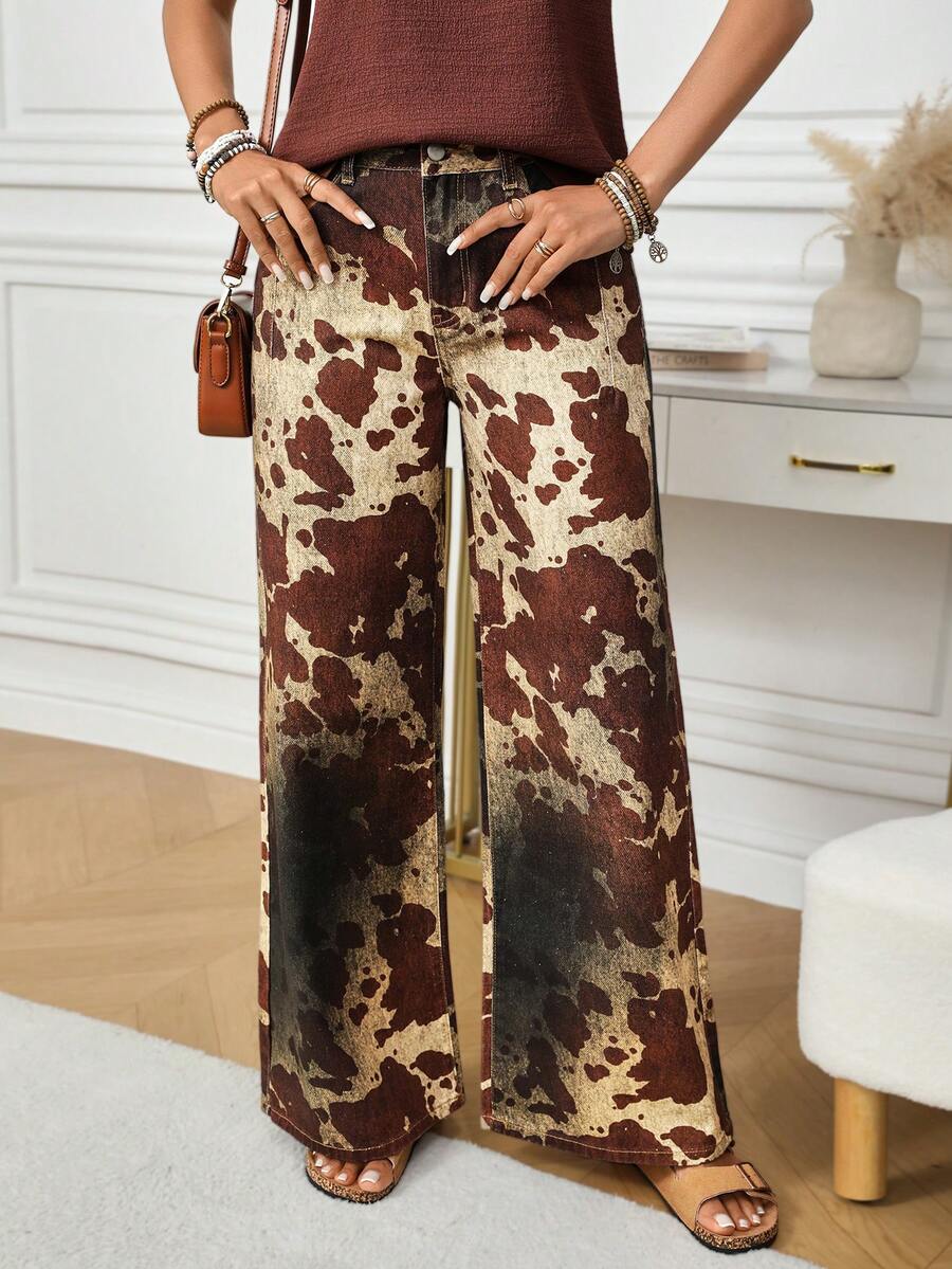 EMERY ROSE Women's Printed Casual Denim Jeans Cow Print Pants Women Wide Leg Pants Palazzo Pants Women Western Pants