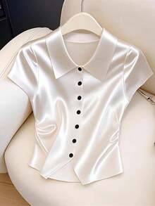 SHEIN PETITE Áo cánh tay ngắn nhún eo thanh lịch bằng vải satin trơn màu dành cho nữ - trắng - Xem 1