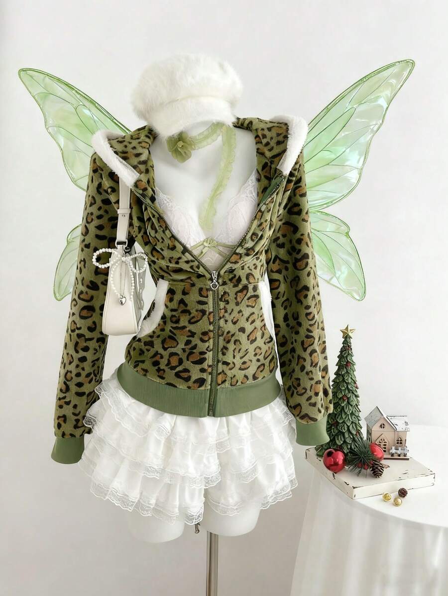 Elamini 1件柔软抓绒豹纹撞色爱心拉链卫衣外套，女士休闲家居服，秋冬款 - 彩色 - 查看 1