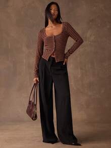 SHEIN BAE 女士撞色条纹休闲修身短袖长袖衬衫 - 棕色 - 查看 6