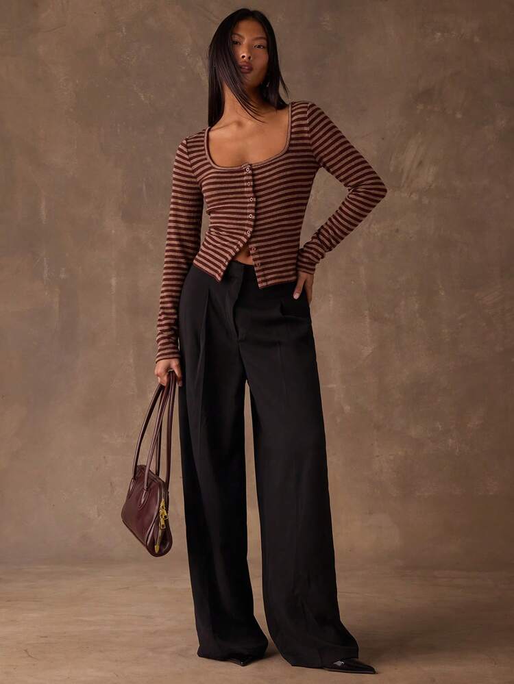 SHEIN BAE 女士撞色条纹休闲修身短袖长袖衬衫 - 棕色 - 查看 6