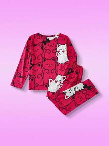 Young Girl Cute Cat Print Crew Neck Long Sleeve Top And Pants Pajama Set