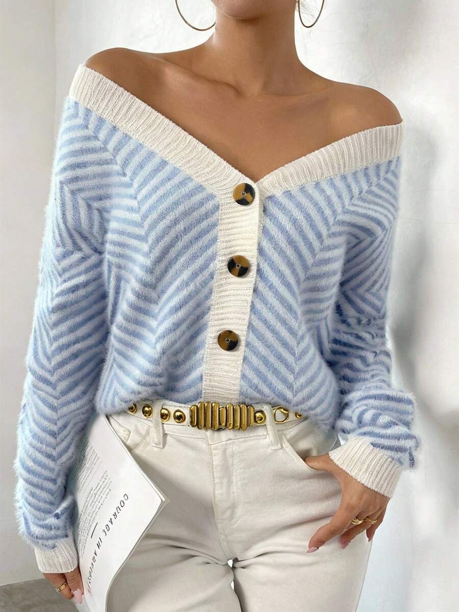 EURMUSE Cárdigan casual de mujer con botones y hombros descubiertos, con patrón de zigzag, para otoño/invierno - Celeste - Ver 1