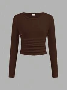 Coolane Tween Girls Winter Solid Ruched Side Crop Tee,Christmas/New Year/Thanksgiving/Party/Elegant/Chic - Brown - View 4