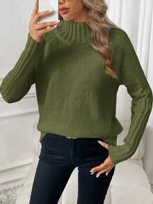 SHEIN LUNE Sweater Pullover Wanita Lengan Panjang Longgar Kasual Warna Polos Serbaguna - Hijau Tentara - View 5