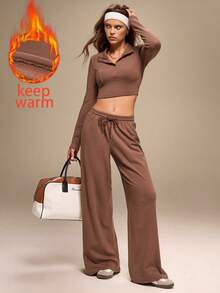 Hanevo 1 Set Women's Stand Collar Long Sleeve Fitted Top With Pockets & Drawstring Waist Pants, 2 Pieces Outfit - Brown - View 1