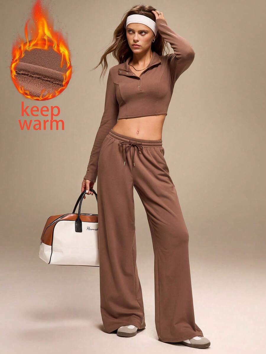 Hanevo 1 Set Women's Stand Collar Long Sleeve Fitted Top With Pockets & Drawstring Waist Pants, 2 Pieces Outfit - Brown - View 1