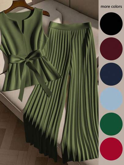 GlowEve CURVE 2pcs Plus Size Women Sleeveless Top And Casual Loose Pleated Wide Leg Pants Set