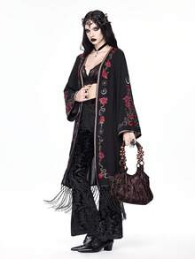 ROMWE Áo khoác cardigan dài thêu tua rua họa tiết hoa cổ điển Gothic, da rắn, cây dành cho nữ - màu đen - Xem 7