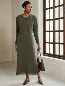 Aveloria Modichic French Commuter Spaghetti Strap Dress With Cardigan Knit Dress Two Pieces Set, Lightweight Luxurious Long Dress For Women - Army Green - View 4