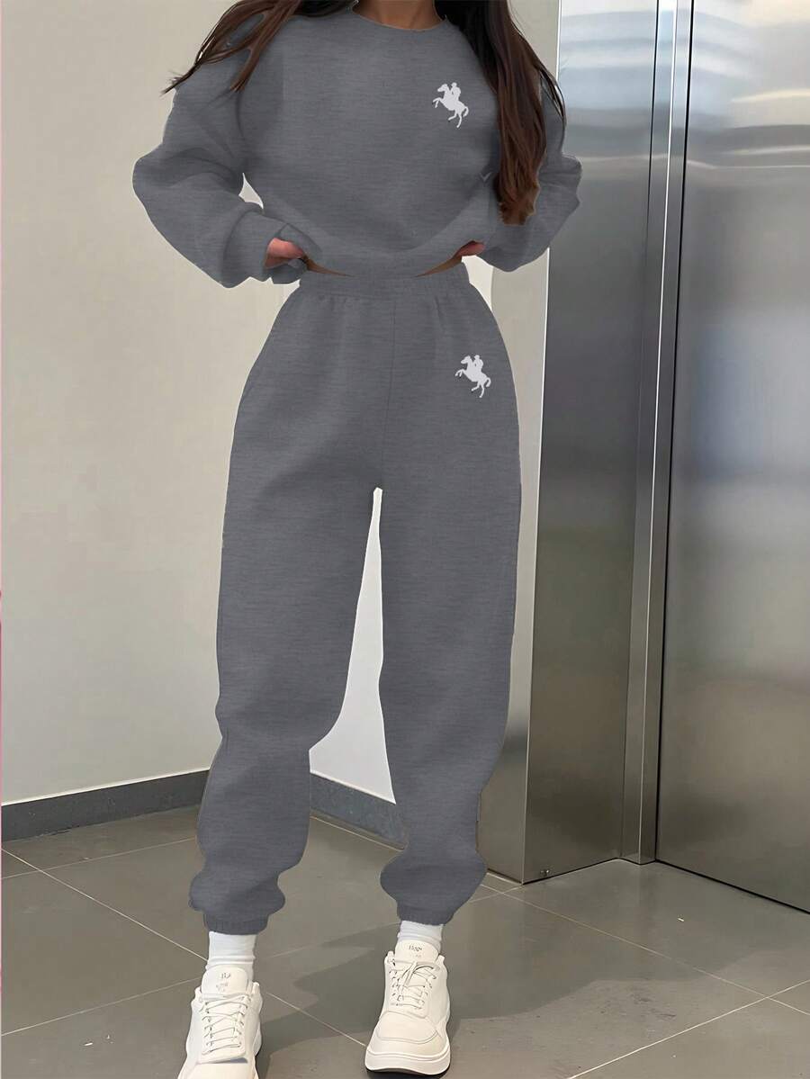 SHEIN Leap Crew 2件套少女休闲简约圆领长袖加厚卫衣裤套装，适合秋冬季穿着 - 深灰色 - 查看 1