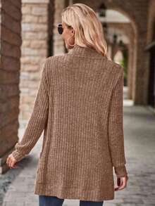 SHEIN LUNE Chaqueta ligera de mujer casual con bolsillos laterales, de punto acanalado y con forro suave, de apertura frontal - Caqui - Ver 2