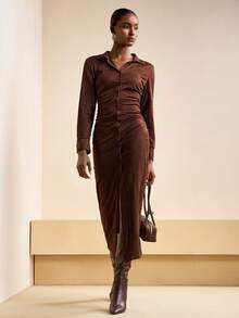 Zivah 2025秋季新款翻领长袖连衣裙，纽扣袖口，修身H型剪裁，开衩，棕色，夏季长裙，初秋连衣裙，女士连衣裙 - 棕色 - 查看 2